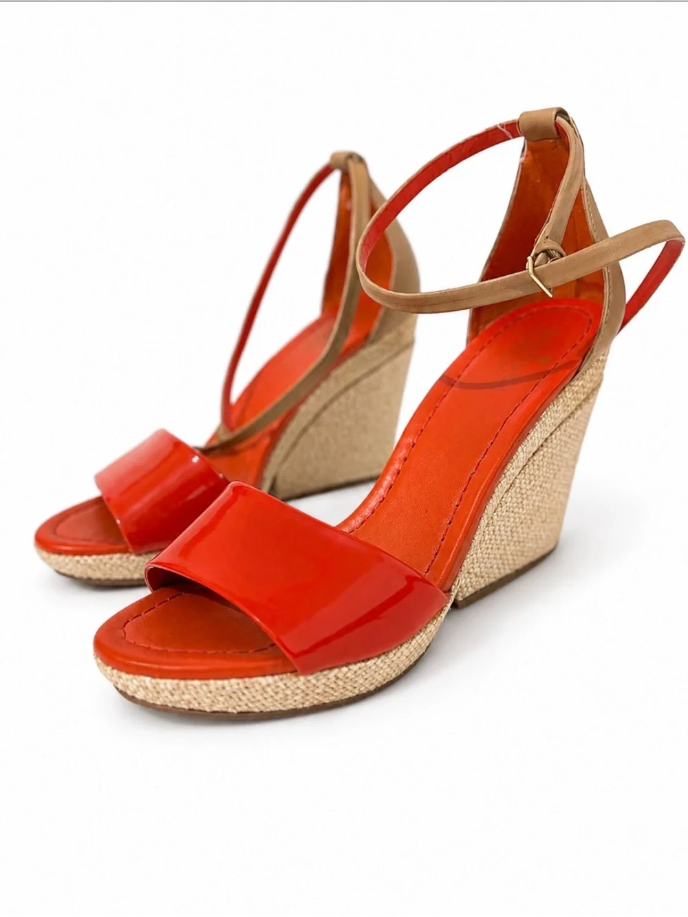 Kate Spade Wedge Sandals — bright orange  Patent & Tan Ankle Strap